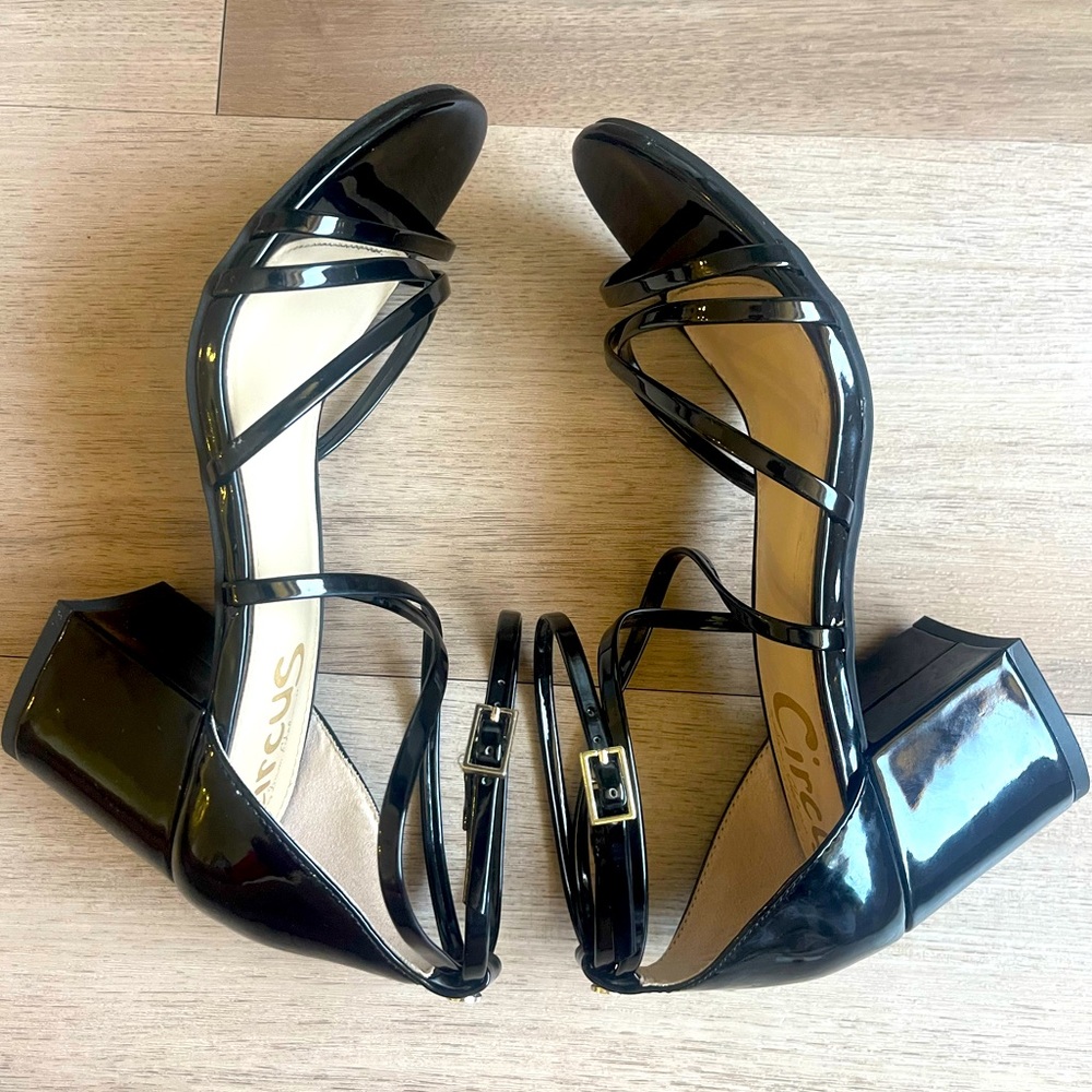 SAM EDELMAN Shiny ✨ Black Strappy Block Heel Heels